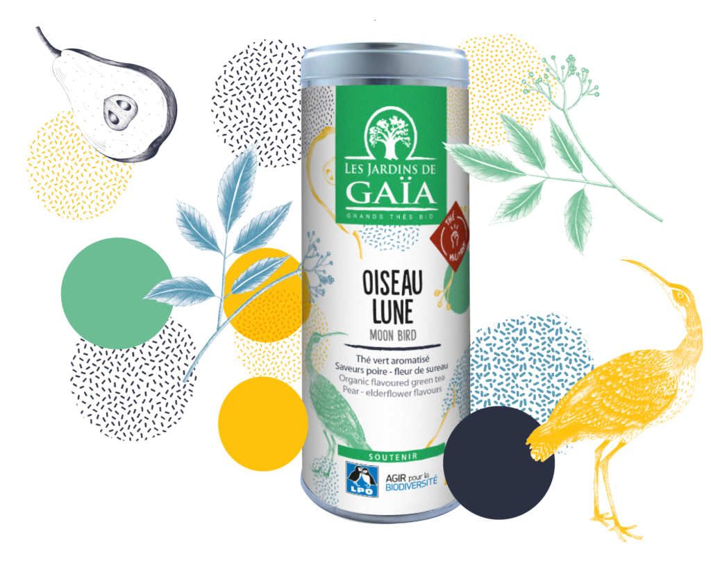 Packaging Oiseau Lune, thé militant de la marque Les Jardins de Gaïa