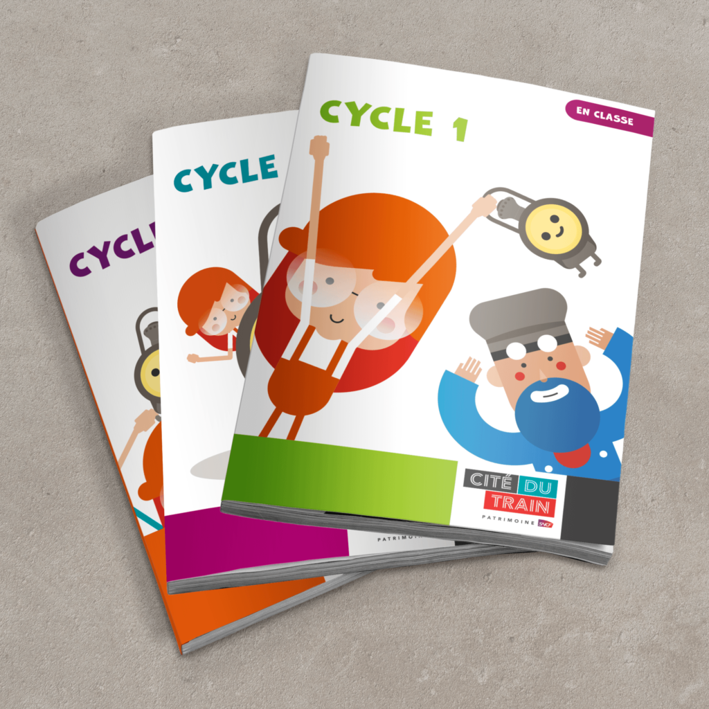 Couvertures des supports pédagogiques créés pour les groupes scolaires : cycle 1 à 3