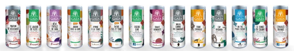 Déclinaison graphique du packaging pour les 14 thés qui composent la gamme militante de la marque les Jardins de Gaïa