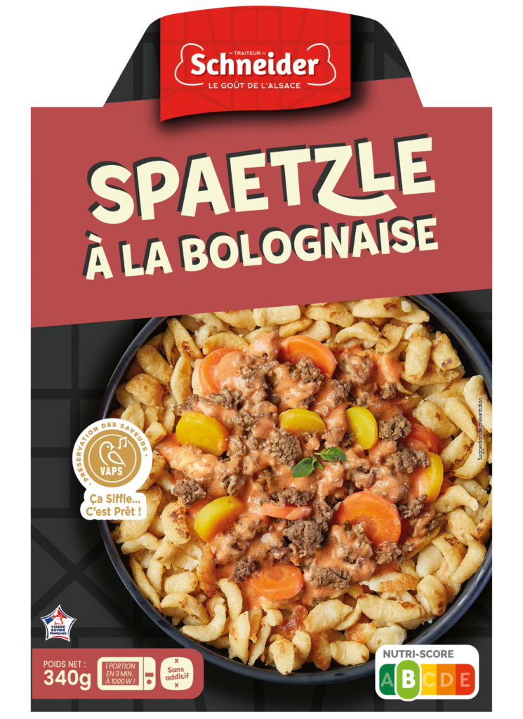 Identité visuelle du packaging produit pour la gamme Traiteur Schneider : recette spaetzle à la bolognaise