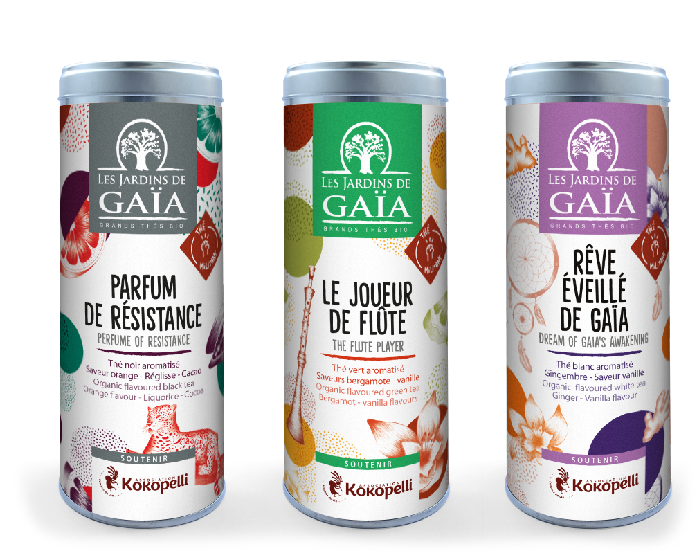 3 saveurs de thés bio de la gamme de Thés militants en soutien à l'association Kokopelli