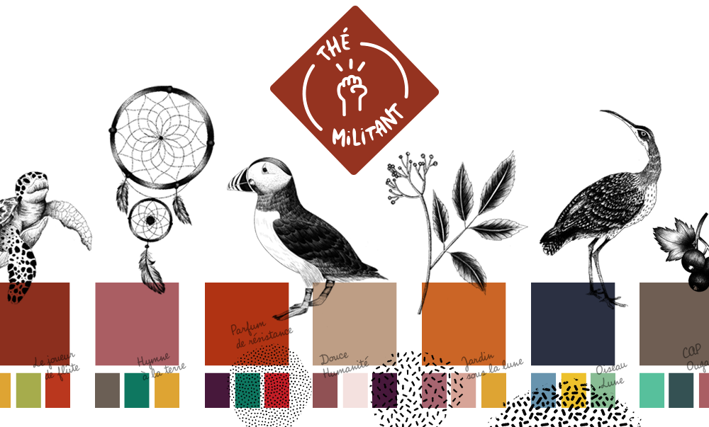 palette chromatique et éléments graphiques créés pour le design du packaging de la gamme "Thé militant"