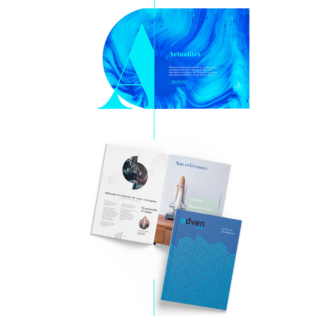 identité visuelle : élément de webdesign et brochure du cabinet d'avocats Adven