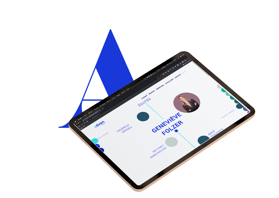 tablette avec un aperçu de la charte graphique du site web du cabinet Adven