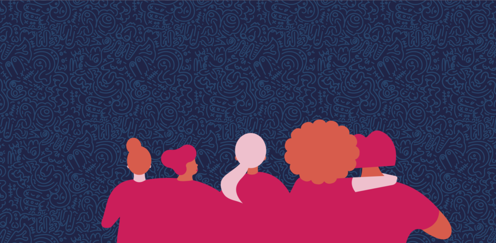 Identité de marque de la course contre le cancer du sein La Molshémienne : illustration d'une équipe de femmes symbolisant la sororité