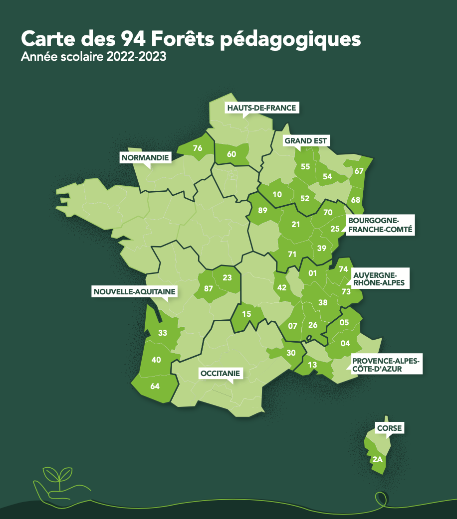 Mise en forme graphique d'une carte de France des 94 Forêts pédagogiques par région et département
