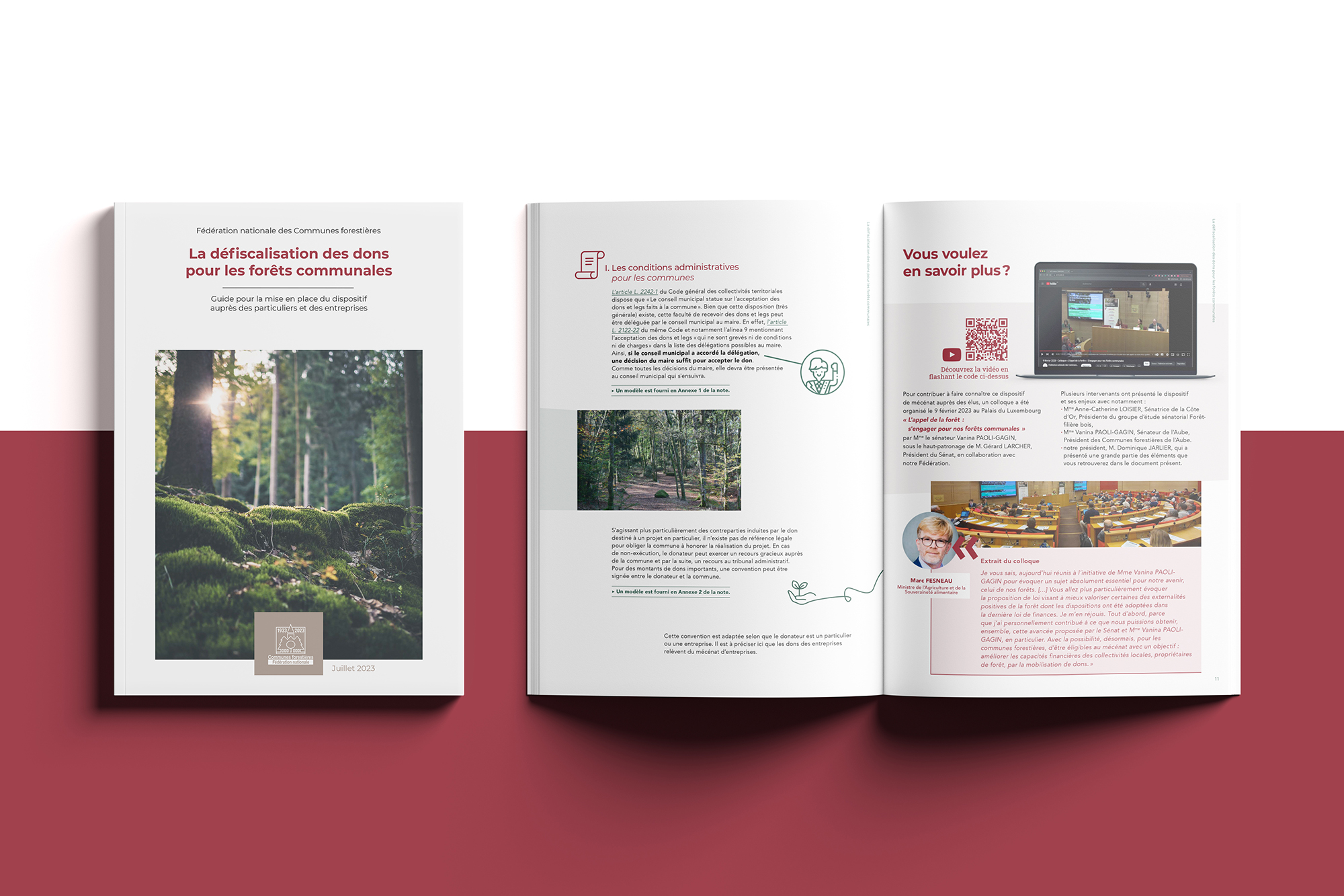 supports de communication FNCOFOR : recto et double-page du guide de défiscalisation des dons pour la forêts communales